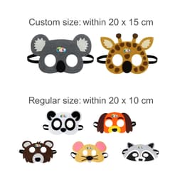 A collection of felt animal masks, including a koala, giraffe, panda, dog, mouse, and raccoon, in various colours.
