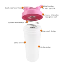 A drink bottle with a pink loop top and white body, featuring a stainless steel shaker ball and a wide mouth design.