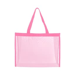 A pink transparent mesh tote bag with two handles and a roomy design, featuring a logo on one side.