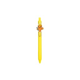 A yellow acrylic pen featuring a carrot character clip and a logo.