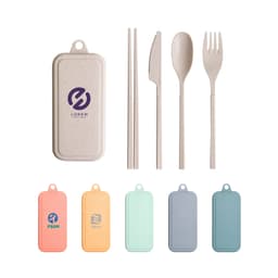 A travel utensils set featuring a case and four utensils: a fork, knife, spoon, and chopsticks in assorted pastel colours.