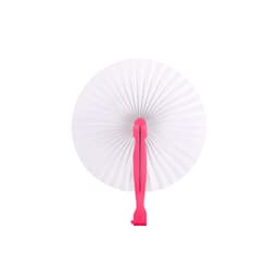 A round plastic paper fan featuring a pink handle and a white, pleated fan blade. It has a logo on the handle.