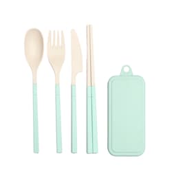 A four-piece travel utensils set in mint green, including a spoon, fork, knife, and chopsticks, with a matching case.