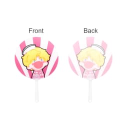 A custom shape transparent PVC hand fan featuring a cartoon character with a pink and white striped background.