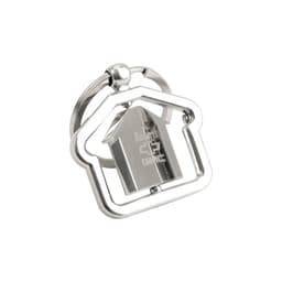 A silver metal keyring shaped like a house, featuring a central house design and a branding logo.
