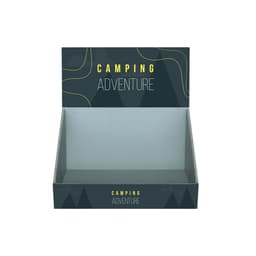 A corrugated cardboard counter display in dark green with a mountain design and no products visible inside.