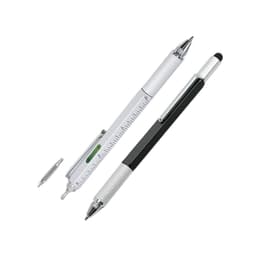 A multi-function metal pen set featuring a silver pen with a ruler and level, and a black pen. Both have branding.