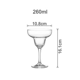 A clear glass Margarita glass with a capacity of 260ml and dimensions of 10.8cm wide by 16.1cm tall.