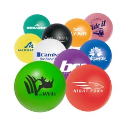 A collection of colourful stress balls in various shapes, including a green ball with a logo and others in vibrant hues.