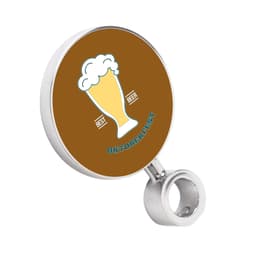 A round beer tap badge in brown and white, featuring a beer glass illustration and a holder.