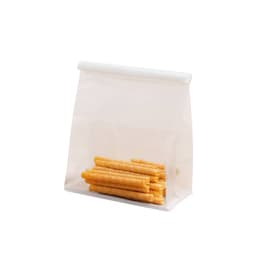 A clear plastic storage bag filled with rolled snack items, featuring a white sealing top and a simple design.