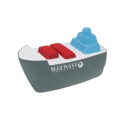A stress reliever designed as a container ship, featuring grey, red, and blue elements, with a logo on it.
