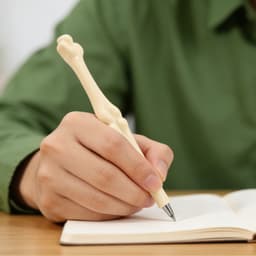 A finger bone pen in cream colour held over an open notebook on a wooden surface.