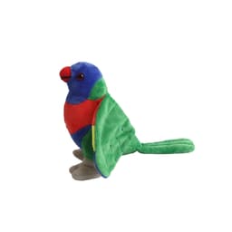A custom lorikeet plush toy with bright green, blue, red, and grey colours, featuring a simple design and a small logo.