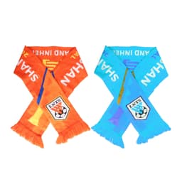 Two elastic spandex scarves in orange and blue, featuring fringe ends and a logo.