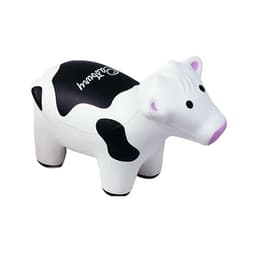A stress reliever in the shape of a white and black cow with a cute facial design and a logo on its side.