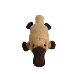 A plush toy of a platypus in light brown and dark brown, with detailed facial features and flippers.