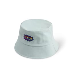 A light blue bucket hat with a colourful logo on the front. Suitable for various outdoor activities.