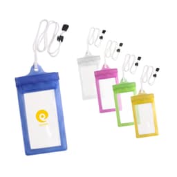A set of waterproof phone bags in blue, clear, pink, green, and yellow, each with a neck string and logo.
