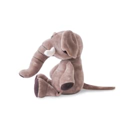 A brown plush elephant toy with soft features, including tusks and a curved trunk, sitting upright.