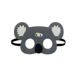 A koala-shaped felt mask in grey with white ears and a black nose, featuring a colourful logo.