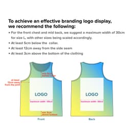 A promotional 100% polyester sublimated singlet in gradient blue and yellow, featuring a logo placement guide.