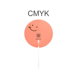 A round, transparent PVC hand fan in orange with a smiling face design and a white handle. Features a logo design.