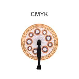 A round plastic paper fan with an orange and blue geometric design and a black handle.