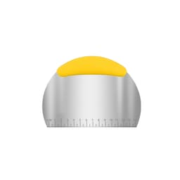 A flour cutter with a stainless steel blade and a yellow handle, featuring measurement markings along the edge.