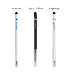 A set of three 3 in 1 Eternal Pencils in white and black, featuring different printing options and a logo on each.