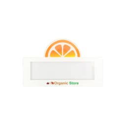 A reusable acrylic name badge in white, featuring a vibrant orange slice design and an area for custom text.