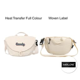 A casual crossbody bag in cream colour with a flap and adjustable strap, featuring a logo.