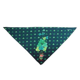 A triangular pet bandana in dark green featuring a playful design with light green balloons and a character.