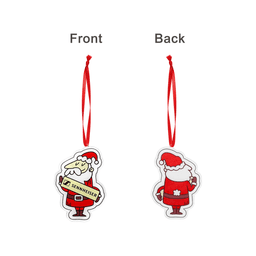 A custom-shaped acrylic ornament featuring Santa Claus in red and white with a red ribbon. It has a logo on one side.