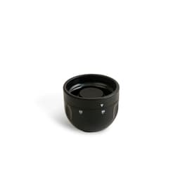 A drink bottle stopper in a sleek black colour, featuring a smooth, rounded design and a logo.