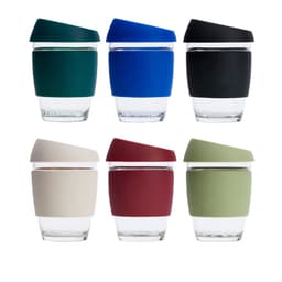 A drink bottle featuring six reusable glass coffee cups in colours including green, blue, black, cream, burgundy, and olive.