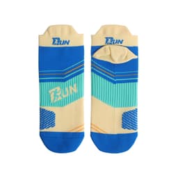 A pair of blue, mint, and cream socks with a logo, featuring a no-show design and textured patterns.