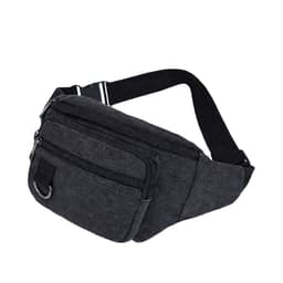 A dark grey canvas waist bag with multiple zippered pockets and an adjustable strap. Features a logo.