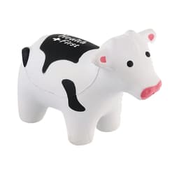 A white and black cow-shaped stress reliever with a design on its back, featuring a small logo.