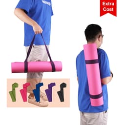 A person carries a pink TPE yoga mat with a strap. The mat is displayed alongside colour options: green, purple, black, and navy.