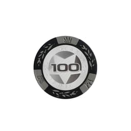 A black and silver poker chip featuring a central star design and numeric value of 100, with a decorative edge.