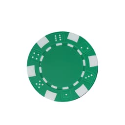 A green poker chip with white accents and patterns, featuring circular and square designs.