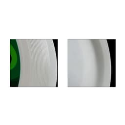 A white PE Frisbee with a green centre, featuring ridges on the outer edge.