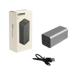 A sleek grey power bank beside its box, featuring two USB ports and a charging cable. It has branding on the packaging.