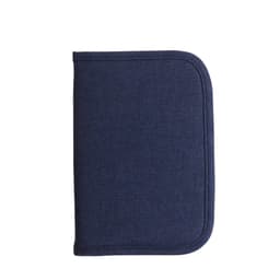 A navy blue passport holder with a textured fabric exterior and a zip-around closure.