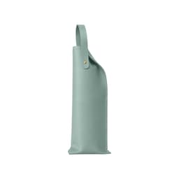 A drink bottle bag in soft mint green PU leather with a handle and a logo.