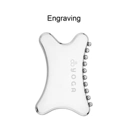 A transparent Gua Sha tool with a smooth surface and small beads on one edge, featuring a logo.