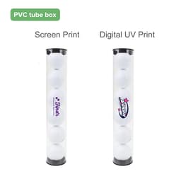 A PVC tube box containing six white golf balls, featuring screen print and digital UV print designs.