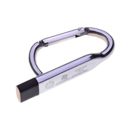 A metallic silver carabiner USB flash drive with a distinctive shape, featuring a small branding logo.