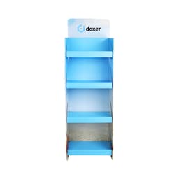 A cardboard floor display in blue with four shelves and a header featuring a logo.